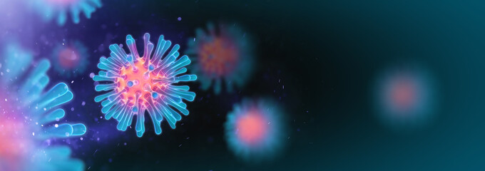 Coronavirus COVID-19 under the microscope. Sars-CoV-2 background with copy space (3d microbiology render banner)
