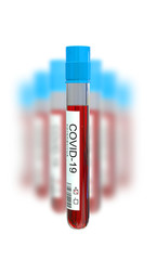 Hematological vacuum test tube with blood test for virus COVID-19. 3d illustration