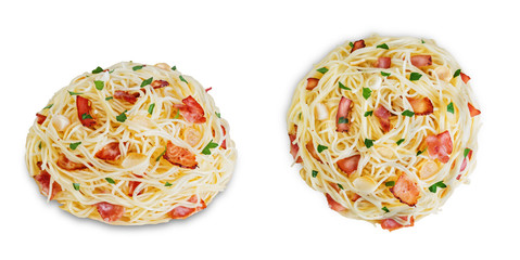 Bacon garlic parsley pasta on a white isolated background