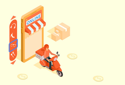 A man riding a motorcycle carrying a storage box was leaving the smartphone.Shoping delivery service concept.Vector illustrator isometric for banner, poster and background.copy space.