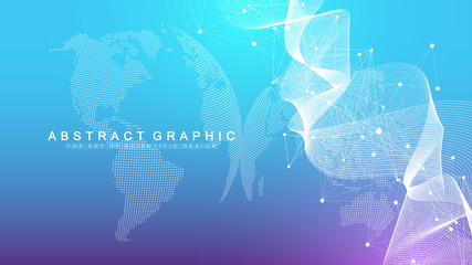 Geometric abstract background with connected line and dots. Network and connection background for your presentation. Graphic polygonal background. Wave flow. Scientific vector illustration.