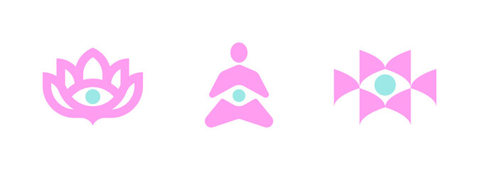Vector logo templates set of stylized meditating human silhouette and blooming lotus flowers with third eye. Abstract simple emblem for yoga, meditation, relaxation or spiritual practice