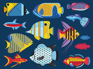 Colorful Tropical Aquarium Fishes Set in Flat