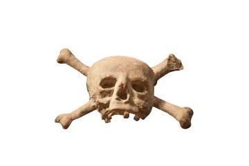 Ancient stone statue of human skull as symbol of death and end of life. Isolated on white...