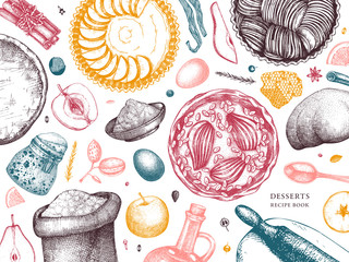 Apple pie cooking process background. Hand drawn baking cakes, pies, dough, kitchen stuff, ingredients design. Homemade fruits dessert recipe book template. 