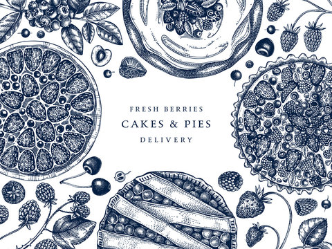 Berries cakes and pies banner. Hand drawn baking cakes, pies and fresh berries design. Homemade summer dessert recipe book template. Top view illustration for food delivery, cafe menu, recipe, bakery
