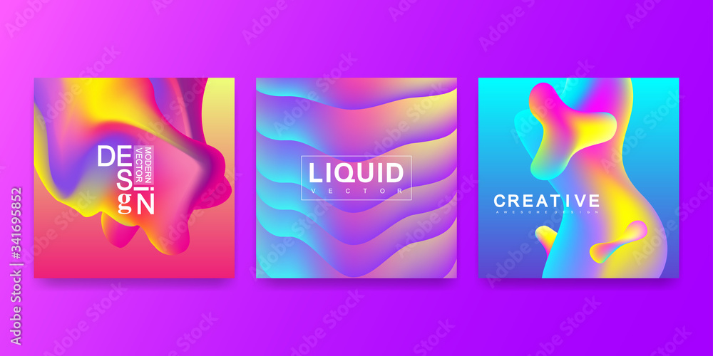 Poster vector design template in trendy vibrant gradient colors with abstract fluid shapes, paint splashes,
