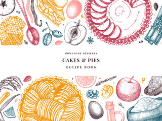 Apple pie and pear cooking process banner. Hand drawn baking cakes, pies, ingredients design. Homemade fruits dessert recipe book. Top view illustration for food delivery, cafe menu. 
