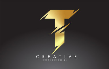Golden T Letter Logo Design with Creative Cuts.
