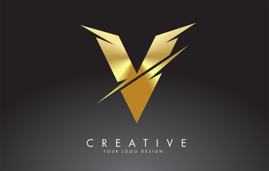 Golden V Letter Logo Design with Creative Cuts.