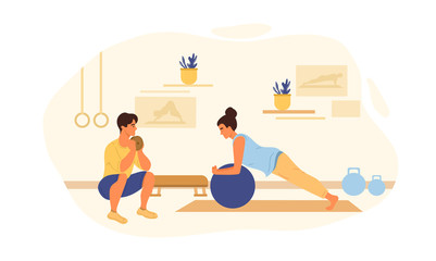 Health and fitness concept with young woman working out with personal trainer, vector illustration