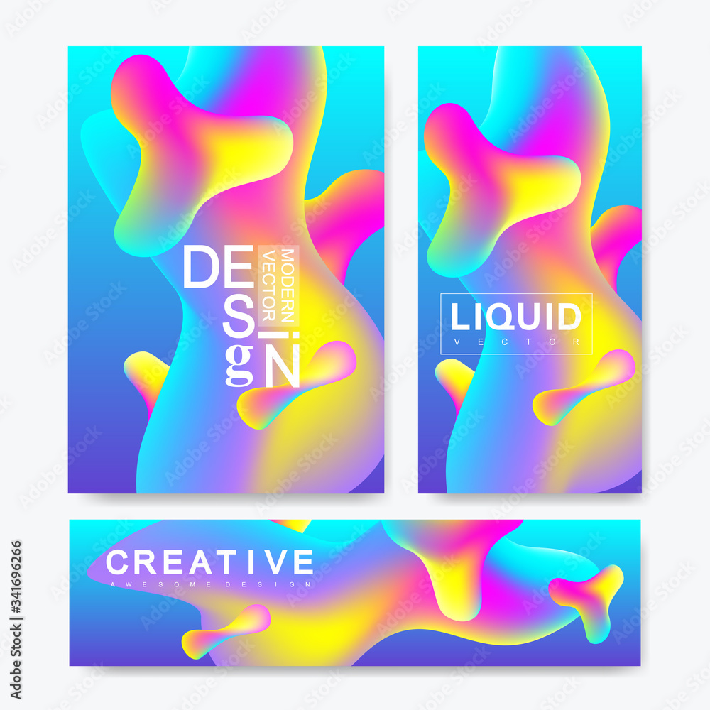 Poster vector design template in trendy vibrant gradient colors with abstract fluid shapes, paint splashes,
