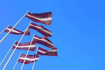 Latvia flags waving in the wind against a blue sky. 3D Rendering