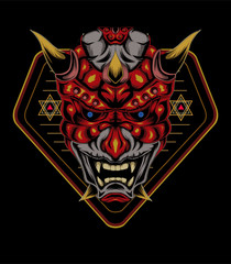 kabuki illustration. red devil face illustration. head of red demon. japanese demon mask