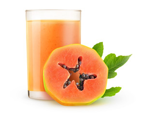 Isolated tropical shake. Papaya smoothie in a glass and slice of fruit isolated on white background