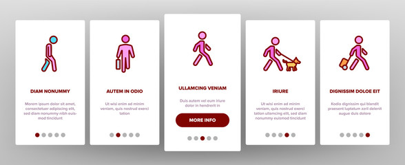 Walk People Motion Onboarding Icons Set Vector. Human Walk With Dog And Luggage, With Case And Backpack, Crosswalk And Stairs Illustrations