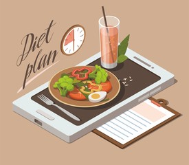 Vegetable salad and glass of  juice on mobile phone. Weight loss concept. Isometric