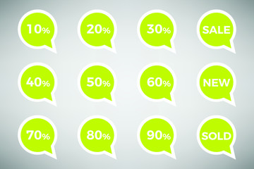 Sale discount icons. Special offer stamp price signs.  percent off reduction symbols. Speech bubbles or chat symbols. Colored elements. Vector