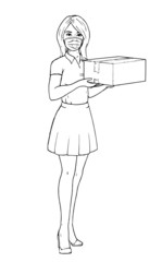 Drawing of woman holding delivery box and wearing face mask.