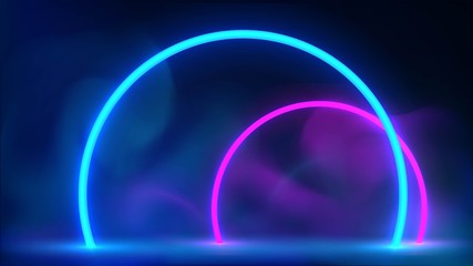 Futuristic background with neon luminous round arches and steam or smoke
