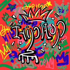 Handwritten text Hip Hop on colorful background drawn by hand. Stylish music print. Vector sketch.