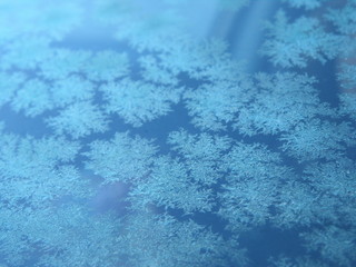 Snowflakes on a blue ice surface. Winter concept. Christmas Background.