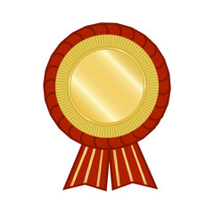 Gold medal with a red border and two red ribbons at the bottom, without an inscription. Vector illustration. Stock Photo.