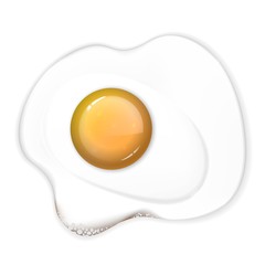 Broken fried egg on a white background, healthy breakfast