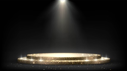 Round golden sparkling stage with steps and spotlights, luxurious pedestal