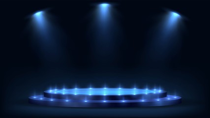 Round blue luminous stage with steps and spotlights, futuristic pedestal