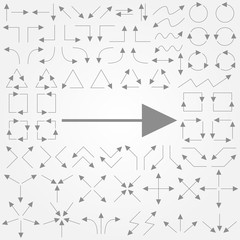 Big set of arrows. Gray isolated. Thin gray arrows. Vector illustration.