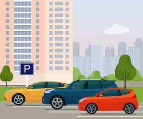 Parking with cars in the residential complex. Vector flat illustration.
