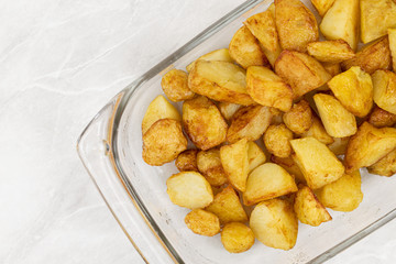 Baby potatoes fried and served in glass dish
