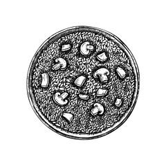 Hand drawn Italian risotto with mushrooms illustration. Engraved style cooked rice dish vector drawing. Great for packaging, menu, recipe. 