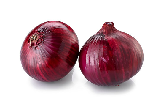 Two Whole Red Onion  Bulbs Close-up Isolated On White Background 
