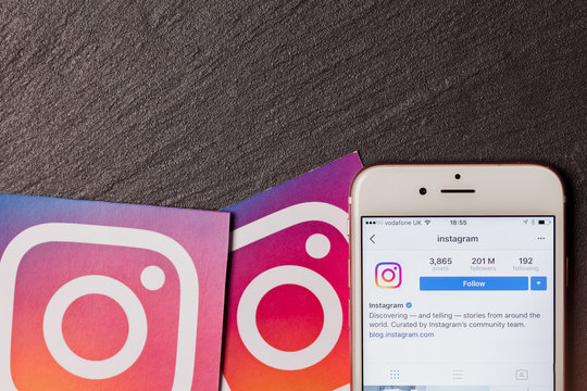 OXFORD, UK, DEC 5 2016: Smartphone shows the instagram app with instagram logos
