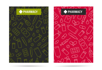 Posters or cover for pharmacy or hospital with line icons of different drugs pills and bottles with logo