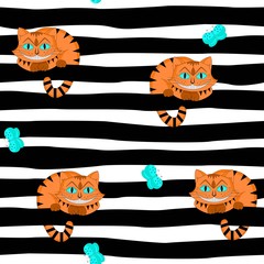 Seamless pattern with orange cats. Kitty smile and play with butterflies. Pattern for children's fabrics and clothes.