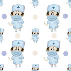 Seamless pattern cute illustration doctor angry cartoon style in a blue suit with blue and pink circles on a white background for prints decor design fabric textiles postcards  medicine decoration