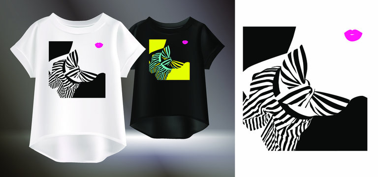 
Fashionable print for t-shirts. Art image of a female silhouette in striped clothes. Vector illustration of a realistic women's t-shirt. Isolated image of a printable pattern for clothes.