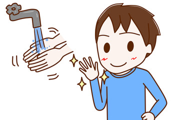 手を洗って清潔にする少年