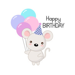 Cute happy birthday card with funny mouse.