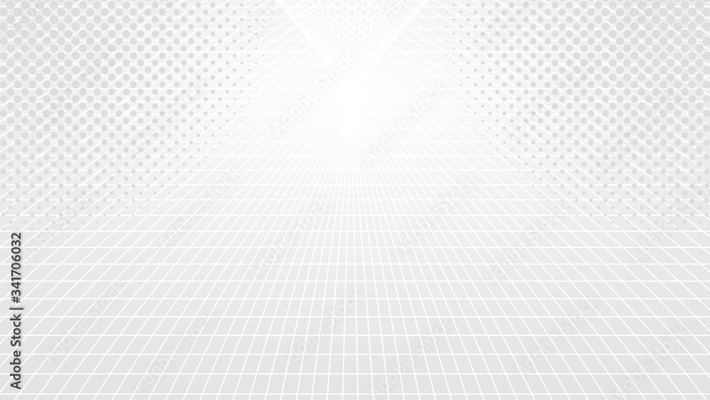 Poster abstract white background. futuristic perspective grid. halftone pattern. calm simple gray backdrop.