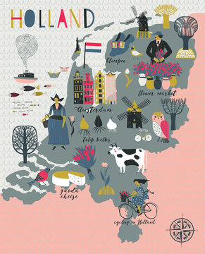 Cartoon Map of Holland with Legend Icons
