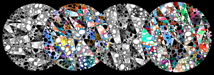 Circle composition with pop elements, naive motive on grunge paper texture in abstract constructivism retro style.