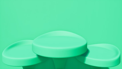 Scene with geometrical forms, round platforms, minimal background, green studio background , 3D render, podium for the advertized goods