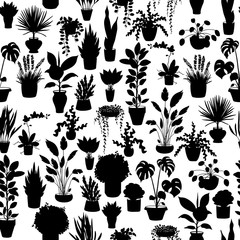 Black and white seamless pattern with house plants