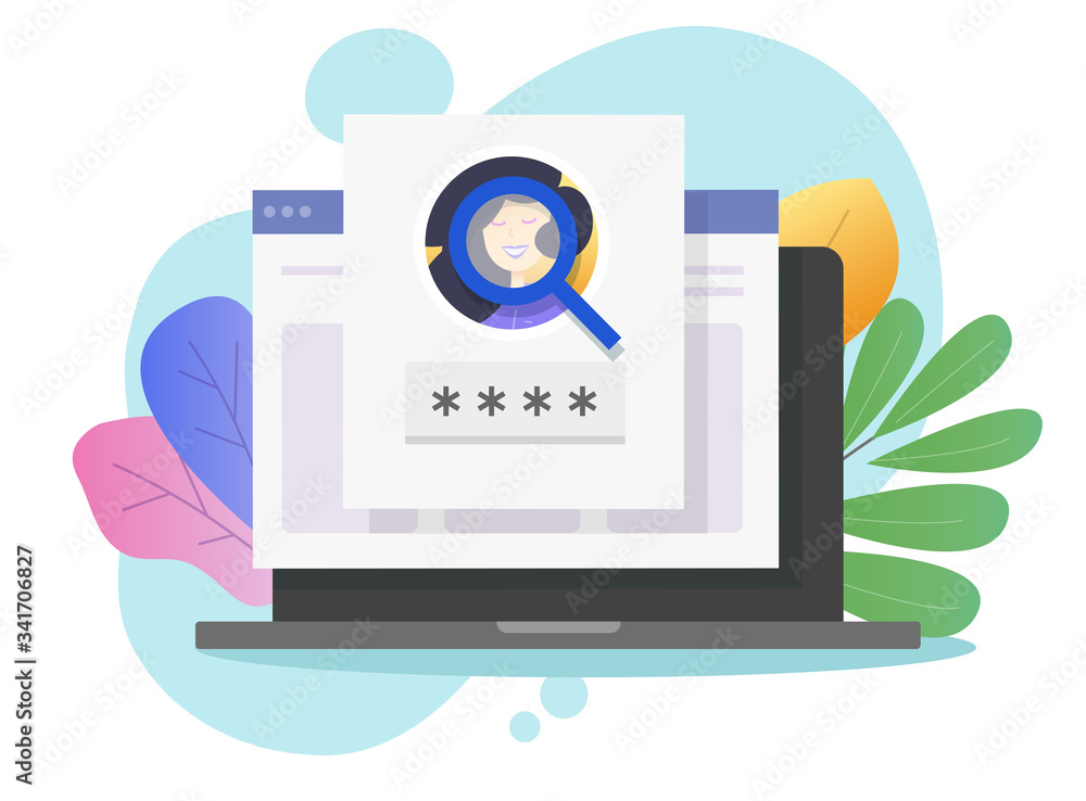 Poster face identification id online on laptop computer or web facial recognition security password login o