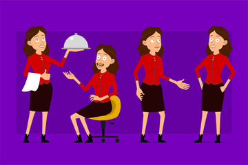 Fototapeta premium Cartoon flat funny cute business woman character in red shirt. Ready for animations. Waiter girl with dinner tray. Working and resting on chair. Isolated on violet background. Big vector icon set.