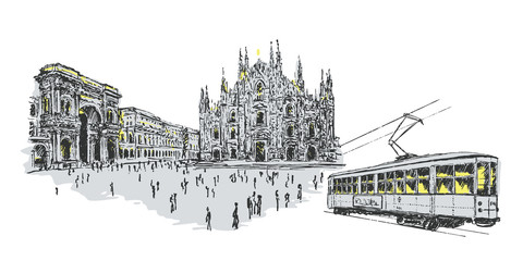 Obraz premium Vector Milan cathedral hand drawn illustration. Architectural sketch of the Duomo and tram.